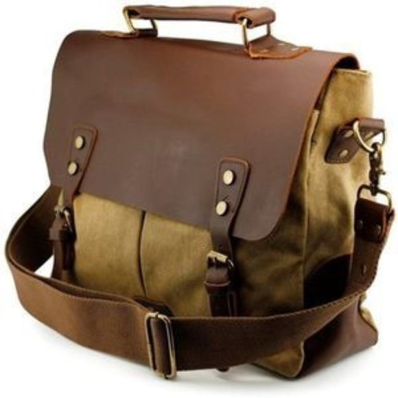 NEW Genuine Leather Canvas Messenger Bag - Picture 8 of 16